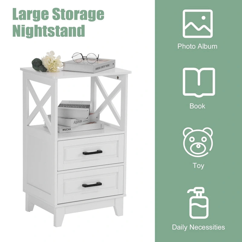 White Two-Drawer Storage Cabinet with Open Shelf