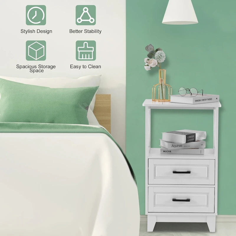 White Two-Drawer Storage Cabinet with Open Shelf