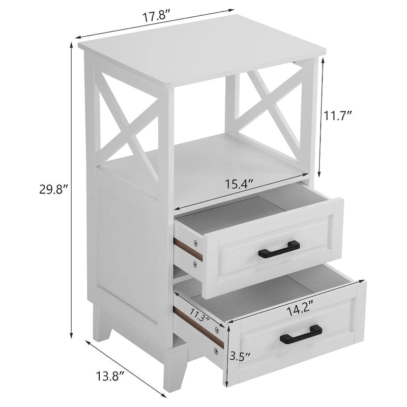 White Two-Drawer Storage Cabinet with Open Shelf