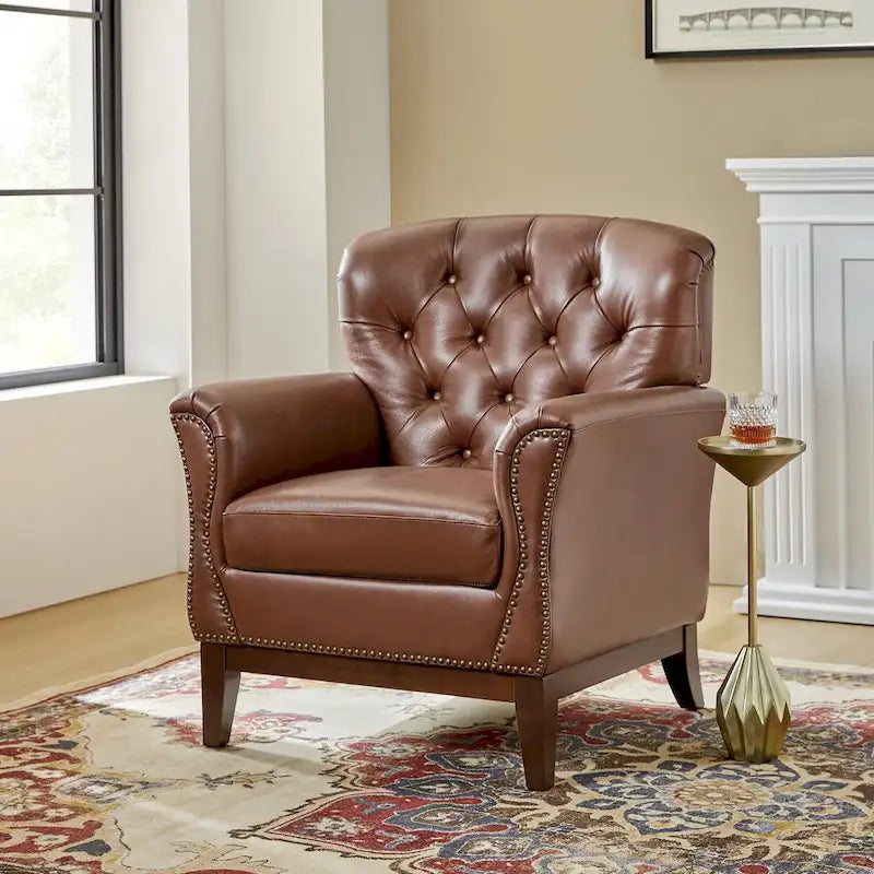Traditional Genuine Leather Wingback Accent Chair