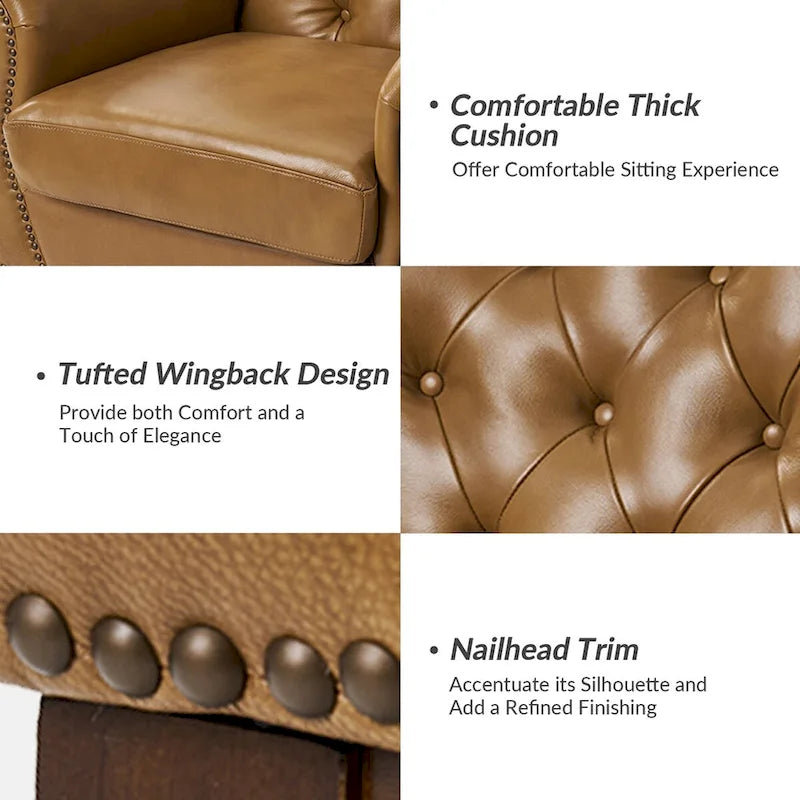 Traditional Genuine Leather Wingback Accent Chair