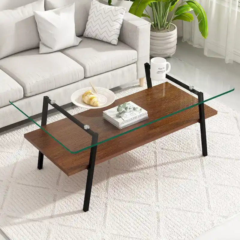 Tempered Glass Coffee Table with Lower Shelf