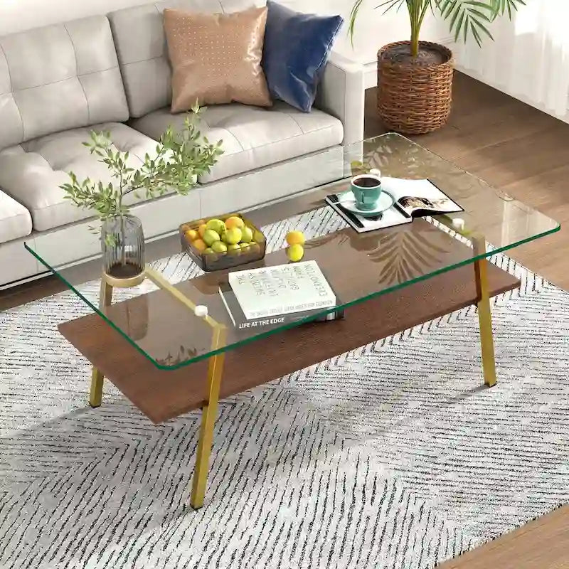 Tempered Glass Coffee Table with Lower Shelf