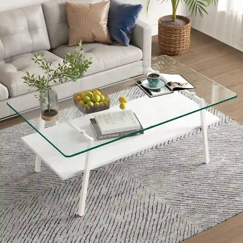 Tempered Glass Coffee Table with Lower Shelf