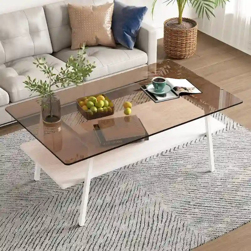 Tempered Glass Coffee Table with Lower Shelf