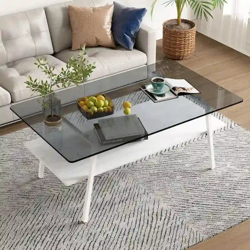 Tempered Glass Coffee Table with Lower Shelf