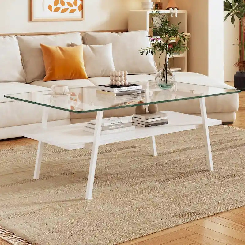 Tempered Glass Coffee Table with Lower Shelf