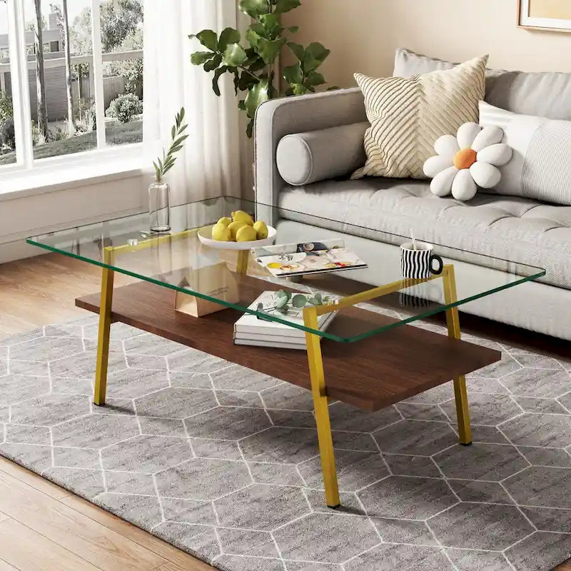Tempered Glass Coffee Table with Lower Shelf