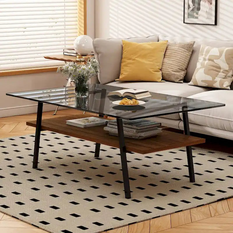 Tempered Glass Coffee Table with Lower Shelf