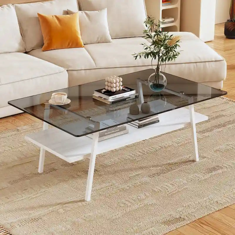 Tempered Glass Coffee Table with Lower Shelf