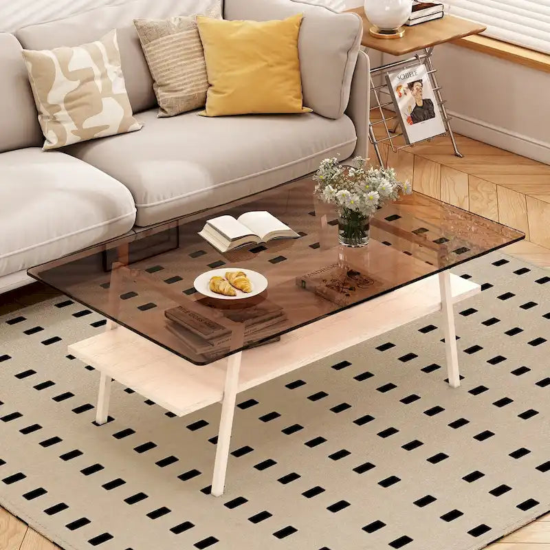 Tempered Glass Coffee Table with Lower Shelf