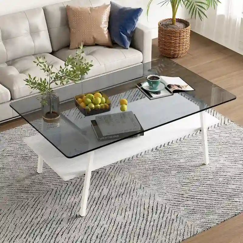 Tempered Glass Coffee Table with Lower Shelf