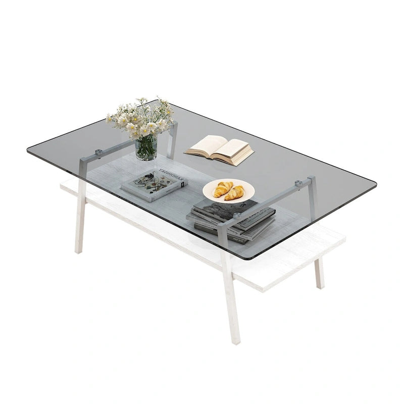 Tempered Glass Coffee Table with Lower Shelf