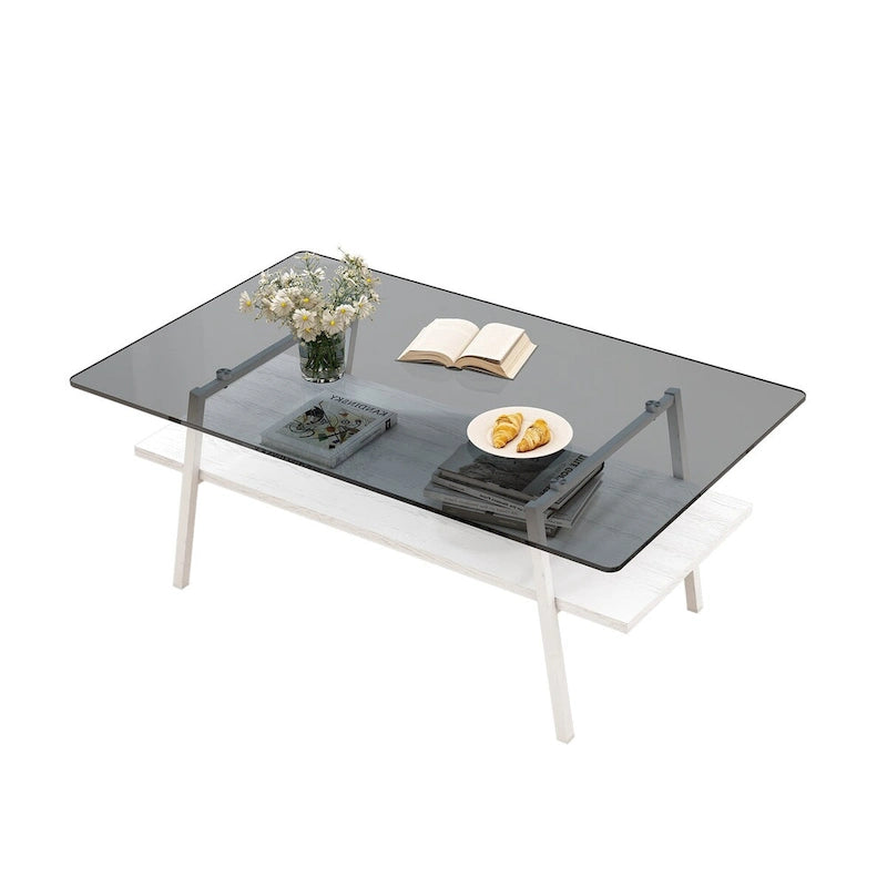 Tempered Glass Coffee Table with Lower Shelf