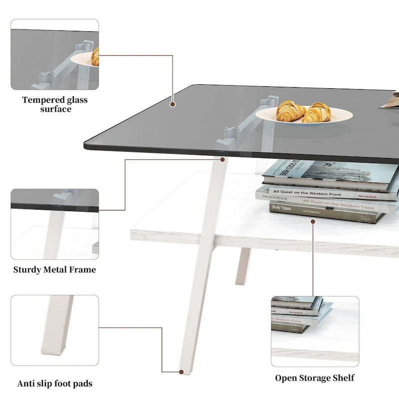 Tempered Glass Coffee Table with Lower Shelf