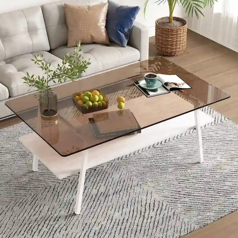 Tempered Glass Coffee Table with Lower Shelf