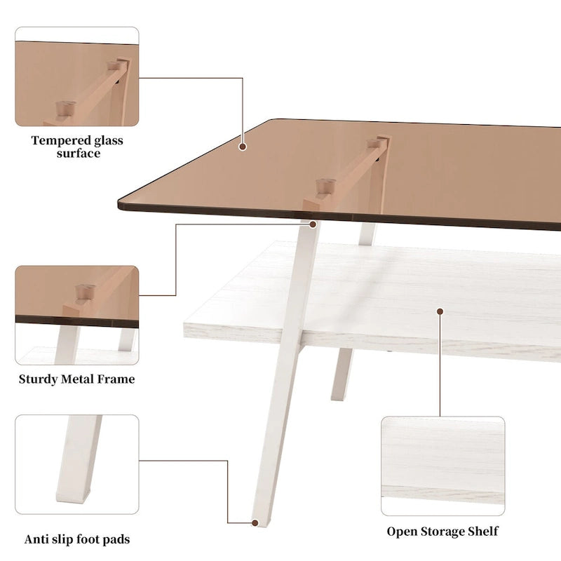 Tempered Glass Coffee Table with Lower Shelf
