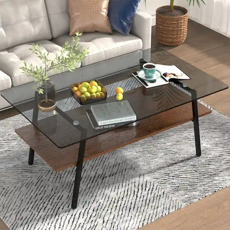 Tempered Glass Coffee Table with Lower Shelf