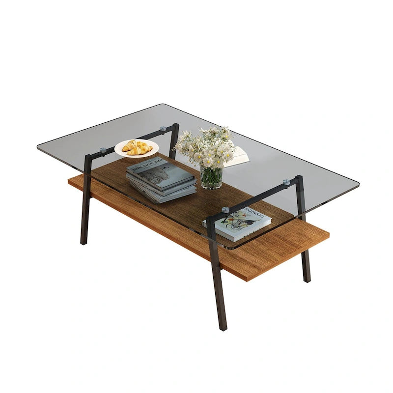 Tempered Glass Coffee Table with Lower Shelf