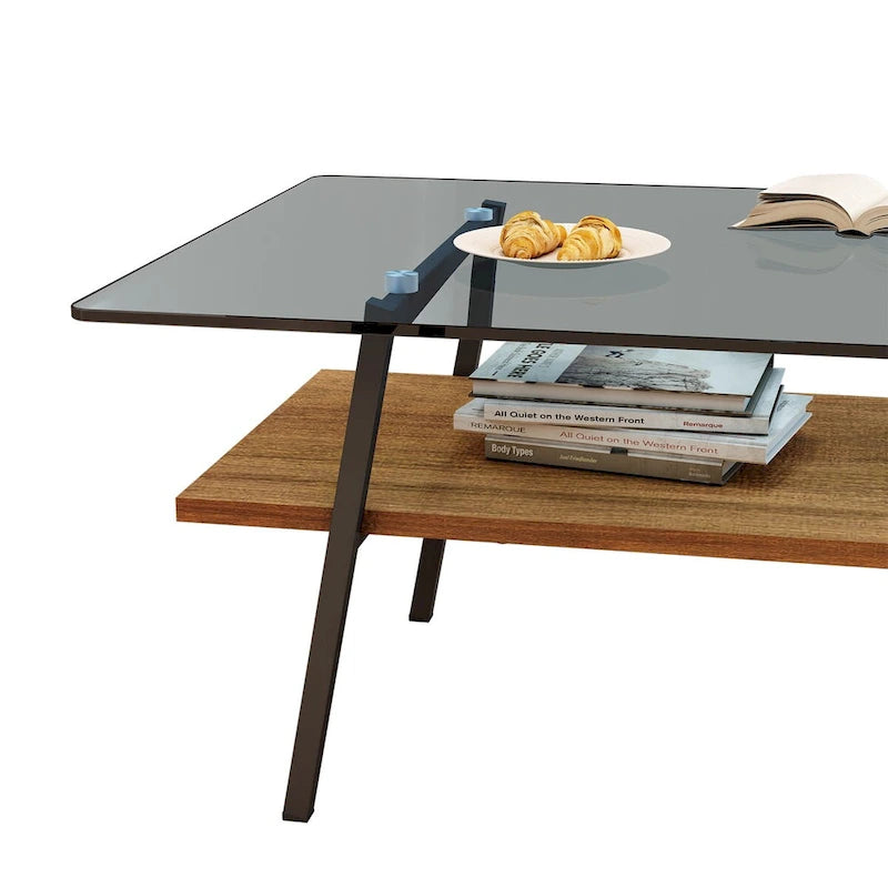 Tempered Glass Coffee Table with Lower Shelf