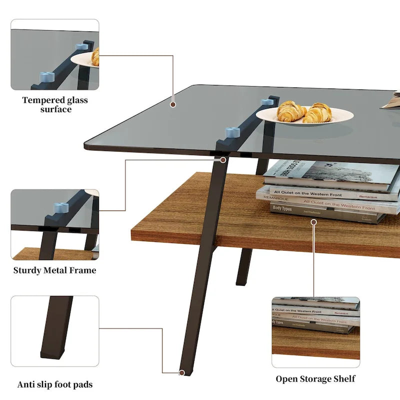 Tempered Glass Coffee Table with Lower Shelf