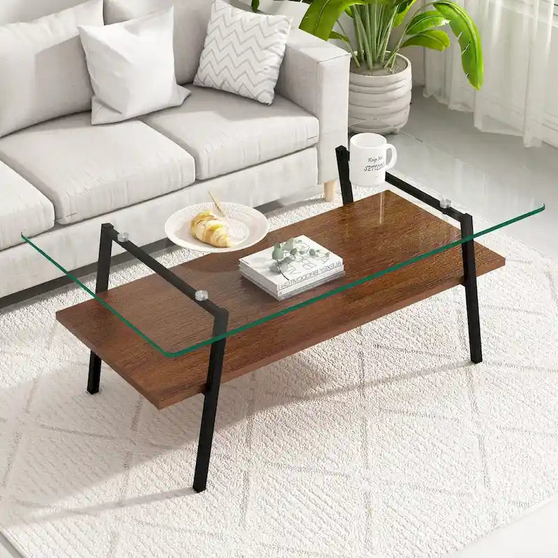 Tempered Glass Coffee Table with Lower Shelf