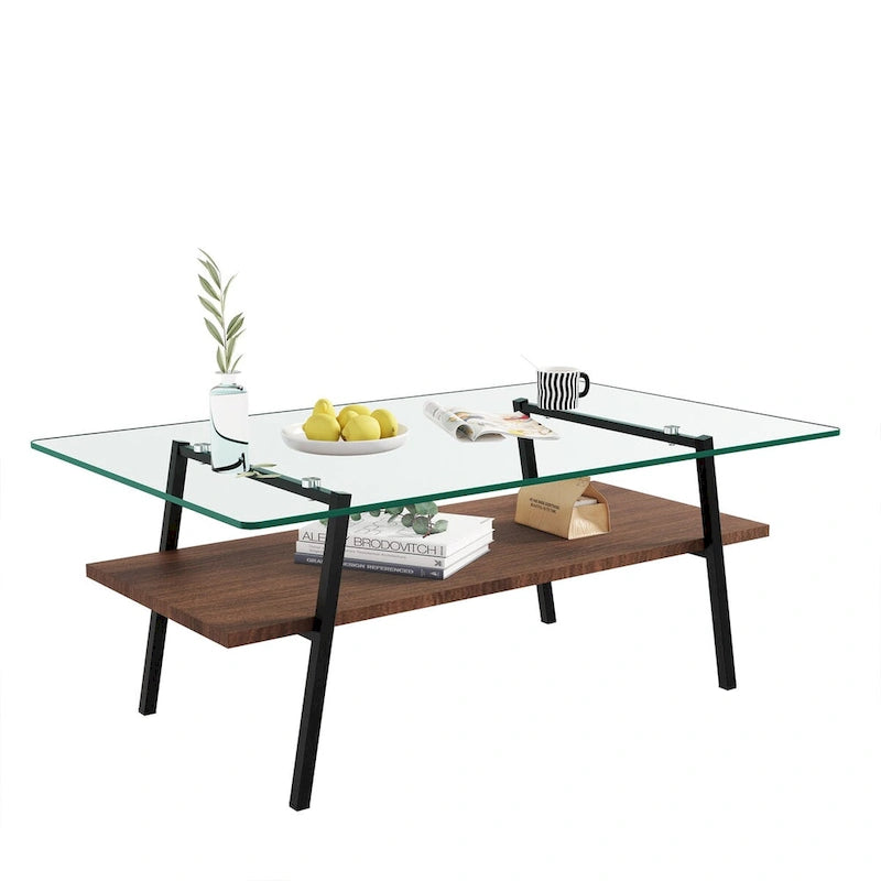 Tempered Glass Coffee Table with Lower Shelf