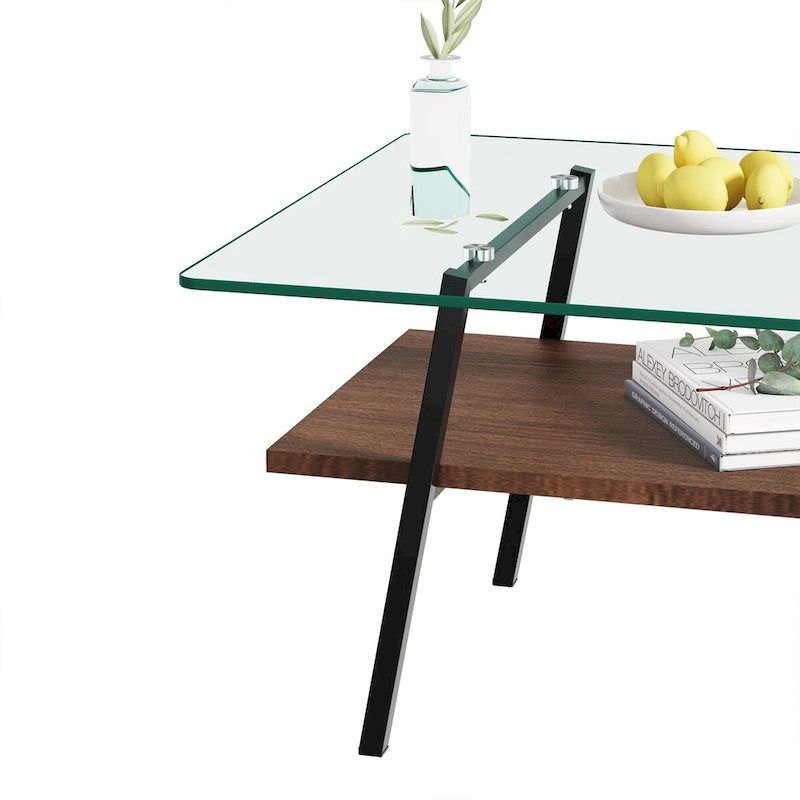 Tempered Glass Coffee Table with Lower Shelf
