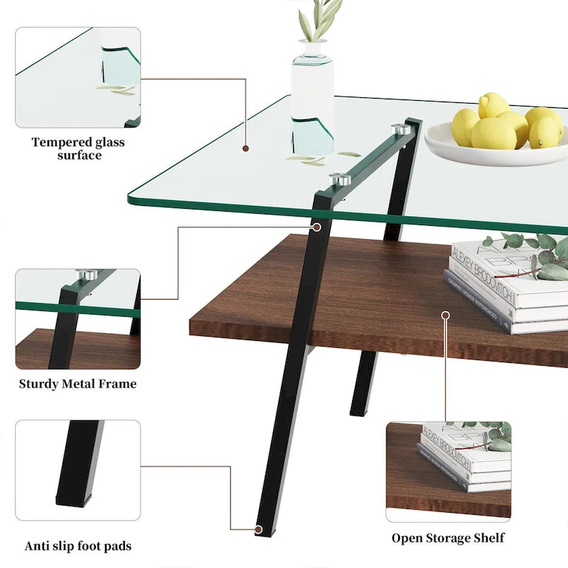 Tempered Glass Coffee Table with Lower Shelf