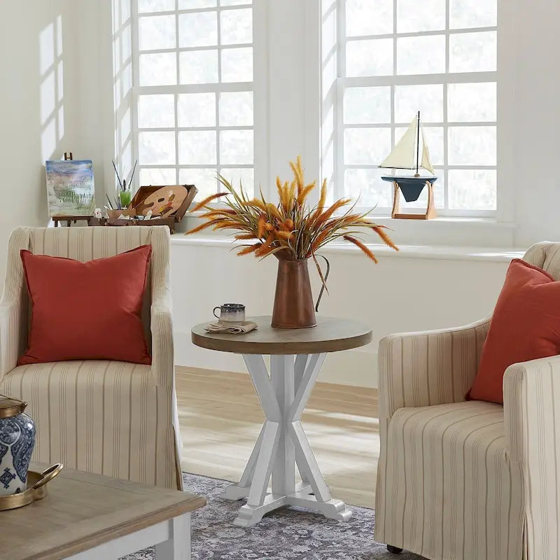Round Wood End Table with Whitewash Finish and Gray Top