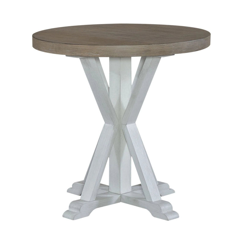 Round Wood End Table with Whitewash Finish and Gray Top