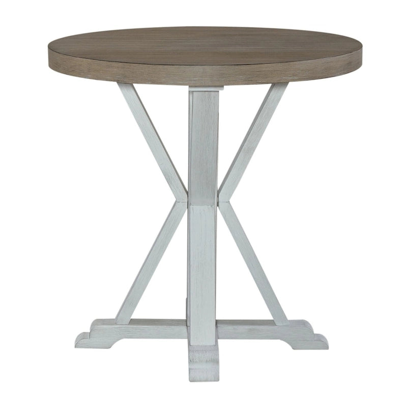 Round Wood End Table with Whitewash Finish and Gray Top
